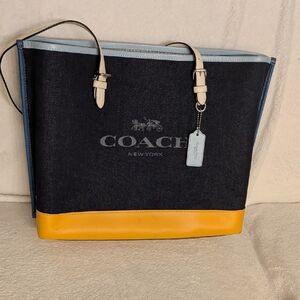Coach Blue Denim & Orange/Yellow Leather Tote w/Blue & Green Interior & Accents